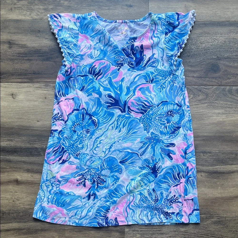 Lilly Pulitzer Girls Mini Astara Dress Saltwater Blue Shade Seekers Large (8-10)